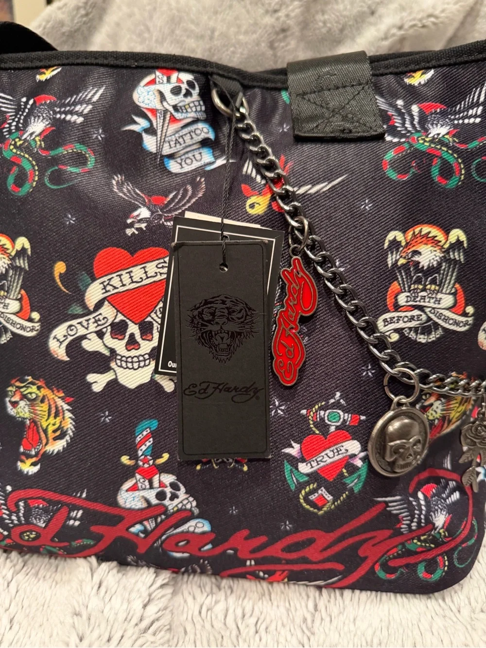Ed Hardy “Love Kills Slowly” Tattoo Print Tote Bag NWT Black